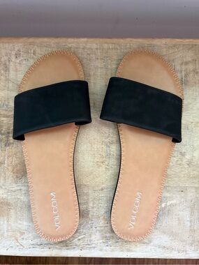 Volcom Black Slide Sandals with Tan Footbed
